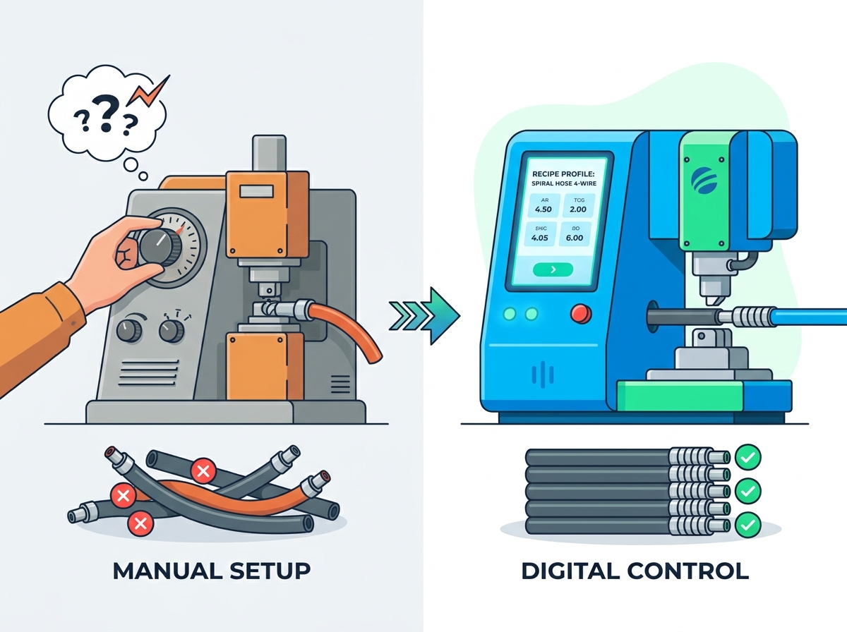 Industrial hose crimping machine precision control interface