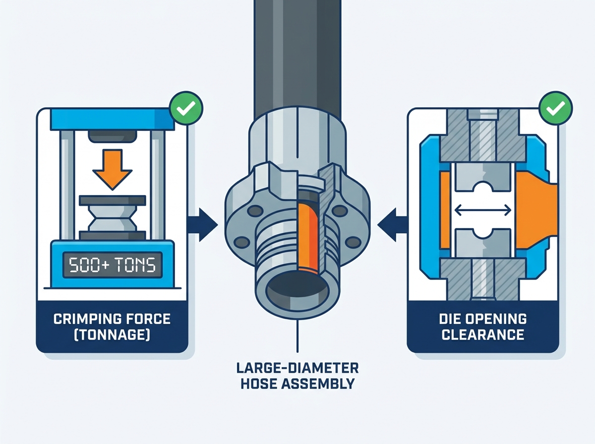 Large diameter hose crimping machine setup for industrial applications